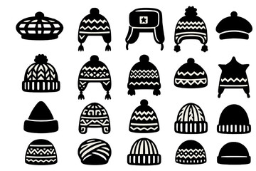 Winter hats silhouette icon set. featuring beanie, beret, ushanka, pom-pom, and knit designs