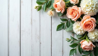 Peach, white carnation floral arrangement on distressed white wood. Delicate roses, dahlias form soft bouquet. Pastel colors perfect for spring, summer, wedding invitations, greeting cards, feminine