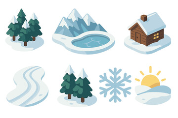 Winter landscape flat icon set. featuring trees, mountains, lake, cabin, path, snowflake, and sunrise