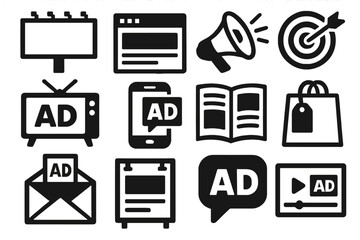 Marketing tools silhouette icon set. featuring billboard, webpage, megaphone, target, tv, mobile, magazine, shopping bag, email, flyer, video.