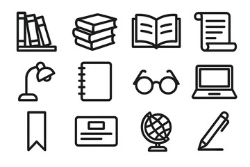 Education linear icon set. featuring bookshelf, stack of books, open book, scroll, lamp, notebook, glasses, laptop, bookmark, id card, globe, pen symbols