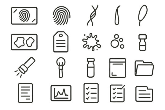 Forensic analysis linear icon set. includes fingerprint, dna, evidence tag, flashlight, and file folder symbols