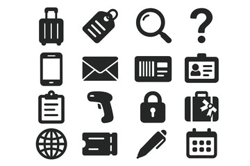 Travel and identification silhouette icons set. featuring suitcase, tag, magnifying glass, question mark, phone, and envelope