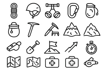 Obraz premium Climbing linear icon set. featuring rope, helmet, binoculars, carabiner, compass, mountains, and map symbols
