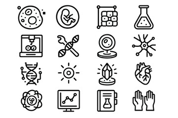 Fototapeta premium Biology and science linear icon set. featuring embryo, neuron, flask, dna, and microscope symbols
