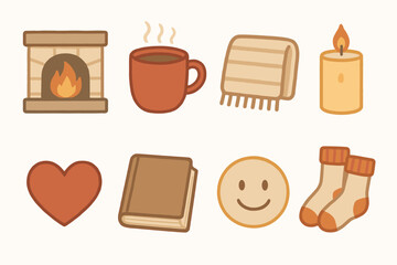 Cozy home flat icon set. featuring fireplace, coffee, blanket, candle, heart, book, smiley, and socks icons