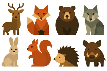 Forest animals flat icon set. featuring deer, fox, bear, wolf, rabbit, squirrel, hedgehog, and boar