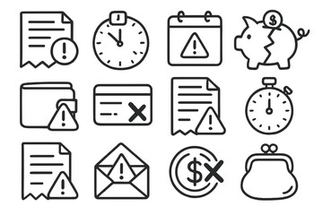 Finance alert linear icon set. featuring invoice, stopwatch, calendar, piggy bank, wallet, credit card, and email symbols