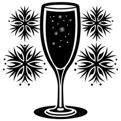 Champagne flute filled with sparkling bubbles and snowflakes surrounded by decorative starbursts