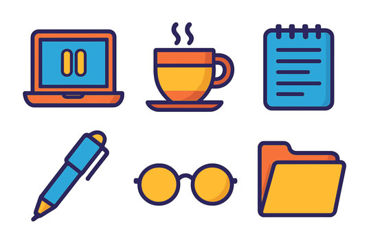 Office essentials flat icon set. featuring laptop, coffee cup, notebook, pen, glasses, folder