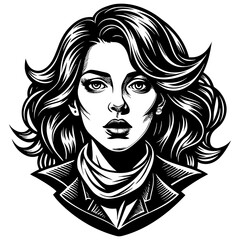 Striking black and white portrait of a confident woman with wavy hair and a scarf