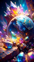 A vibrant, glowing sphere surrounded by iridescent crystals