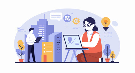 Woman with Glasses Working on Laptop in Modern Illustration Style