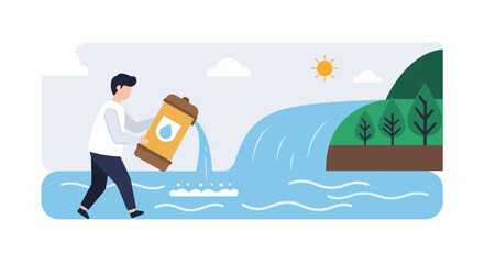 Fototapeta premium Man Pouring Water from a Container into a River, Illustration