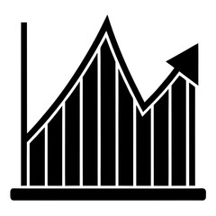 Black and white icon representing a rising bar graph with an upward trending arrow indicating growth and success
