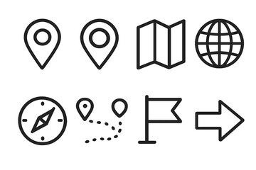 Fototapeta premium Travel and navigation silhouette icon set. featuring location pin, map, globe, compass, route, flag, and arrow icons