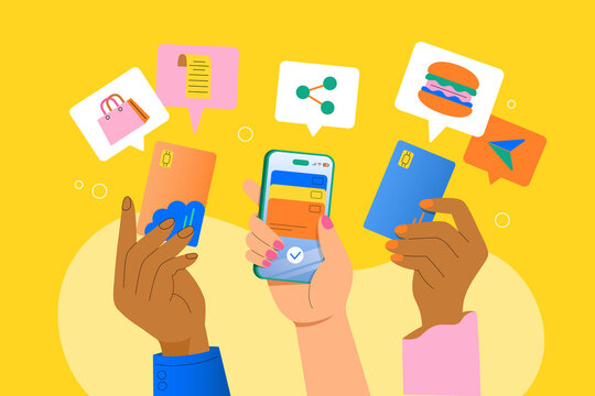 Hands Holding Credit Cards and Smartphone with Shopping Icons