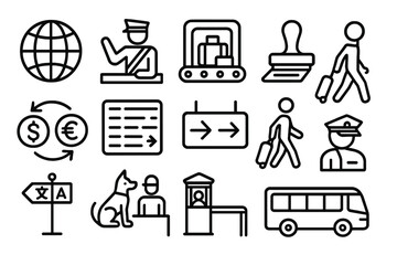 Travel and immigration linear icon set. featuring passport, airport, customs, luggage, and transportation symbols