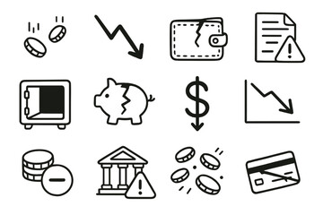Finance linear icon set. featuring savings, wallet, piggy bank, credit card, dollar sign, and stock market symbols