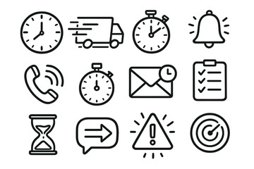 Business linear icon set. featuring clock, delivery, timer, bell, phone, email, checklist, hourglass, alert, target