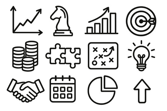 Business strategy linear icon set. featuring graphs, chess horse, target, coins, puzzle, plan, lightbulb, handshake, calendar, pie chart, arrow