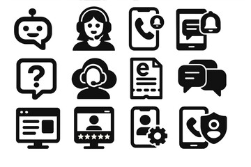 Customer support silhouette icon set. featuring chatbot, phone, headset, notifications, chat, and ratings symbols