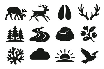 Obraz premium Nature and wildlife silhouette icon set. featuring moose, antlers, lungs, trees, river, mountains, berries, coral, cloud, sunset, bird