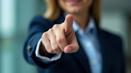 Right hand pointing forward gesture. Expressive shot of a woman in suit blurred in the background. Choose and need you concept.  Realistic ai-generated image