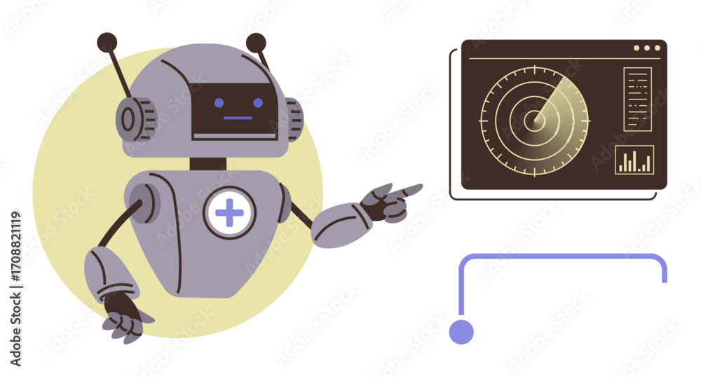 Wall mural robot with a cross symbol gestures towards radar screen tracking targets. ideal for technology, ai, 