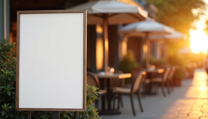 Outdoor cafe terrace in warm evening light with empty sign board ready for promotion. Tables, chairs, umbrellas create a cosy dining ambience. Greenery and soft glow invite relaxation and socialising.