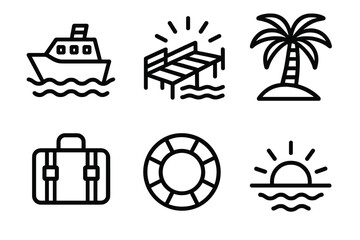 Travel and vacation linear icon set. featuring boat, pier, palm tree, suitcase, lifebuoy, and sunset