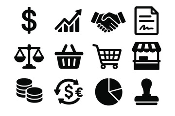 Business and finance silhouette icon set. featuring dollar, graph, contract, balance, cart, store, currency, pie chart, stamp