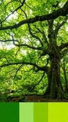 Fototapeta premium Lush green tree canopy with mossy roots and color palette