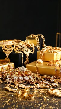 Luxe gold jewelry cascade: Necklaces, rings, and bracelets pile on gift boxes in wealth and luxury display.