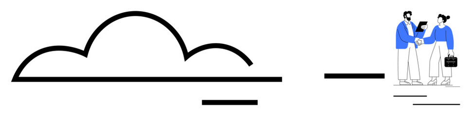 Large stylized cloud forms over minimalist lines, with two professionals shaking hands, symbolizing partnership. Ideal for technology, collaboration, business strategy, networking, cloud services