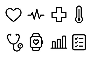 Medical health linear icon set. featuring heart, pulse, cross, thermometer, stethoscope, smartwatch, chart, checklist