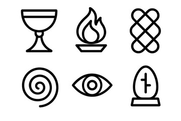 Mystical symbols silhouette icon set. featuring chalice, fire, knot, spiral, eye, and tombstone icons