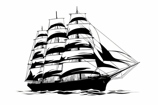 Vintage Naval Warfare Ship of the Line Black and White Vector Art Logo Design for Maritime History Enthusiasts