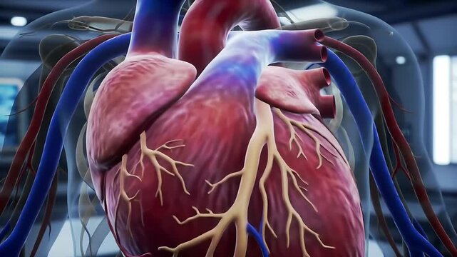 Human heart pumping blood in a transparent body close up