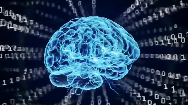 Human brain graphic with binary code backdrop displaying data stream