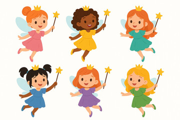 Cute vector illustration of six fairy girls with wings, crowns, and magic wands