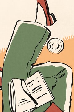 Color Sketch Illustration of Girl Reading Book in Retro Style