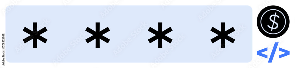 Wall mural asterisks symbolize password, dollar sign represents payment, coding brackets signify encryption. id