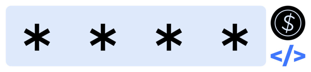 Fototapeta premium Asterisks symbolize password, dollar sign represents payment, coding brackets signify encryption. Ideal for cybersecurity, finance, payment security, data privacy, coding, software online