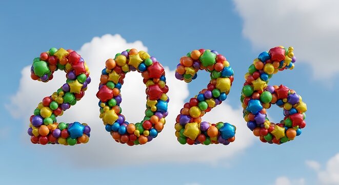 Colorful 2026 A Festive Celebration in the Sky with Balloons and Stars