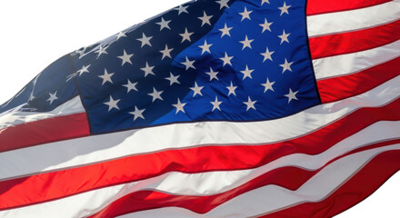 Close up of the american flag waving majestically in the wind isolated on transparent background