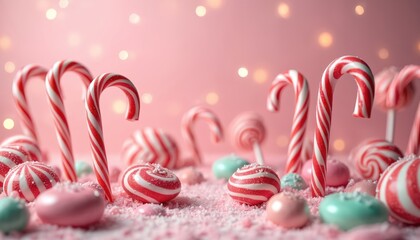 Festive candyland scene with candy canes, lollipops, pastel pink backdrop. Whimsical decorations create joyful, playful atmosphere for parties, events, celebrations. Vibrant colors, sugar treats form