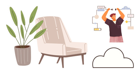 Potted plant, modern chair, and man working on a flowchart combine creative work and relaxation. Ideal for work productivity, creativity, brainstorming, co-working spaces, ergonomics, innovation