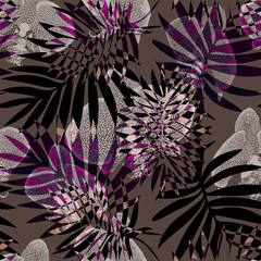 Dark brown tropic leaves and orchid flowers seamless pattern in monochrome tones. Floral botanical illustration for bedding, home textile, package, fabric. Rapport illustration.