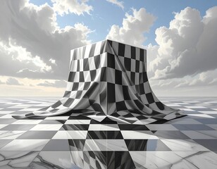 A large cube, draped in a checkered fabric, sits on a checkered floor, against a cloudy sky